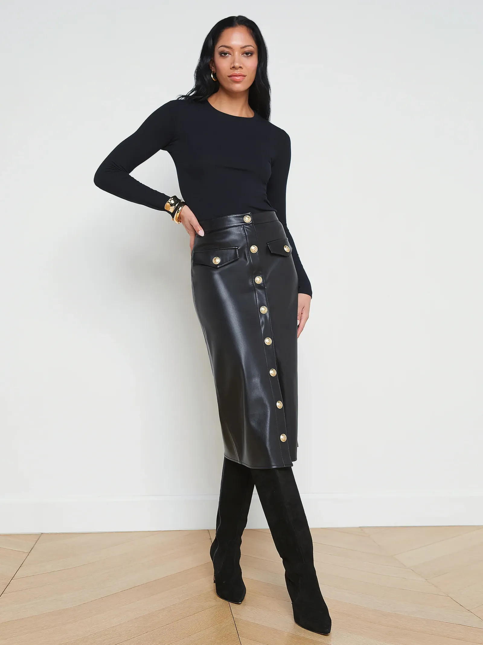 L'AGENCE All Things Black|Back in Stock|Milann Faux Leather Skirt Black