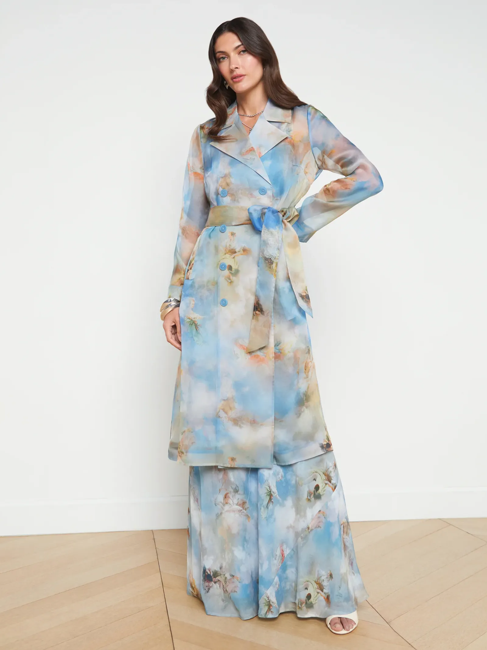 L'AGENCE Spring '24 Catalog|Spring Collection|Moda Silk Organza Trench Coat Light Blue Multi Renaissance