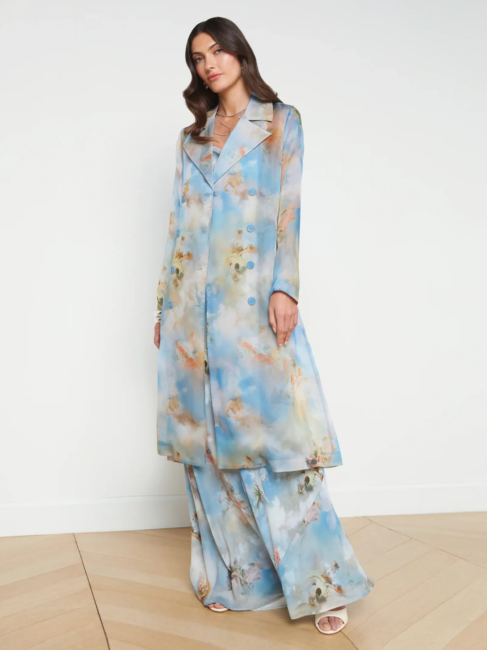 L'AGENCE Spring '24 Catalog|Spring Collection|Moda Silk Organza Trench Coat Light Blue Multi Renaissance