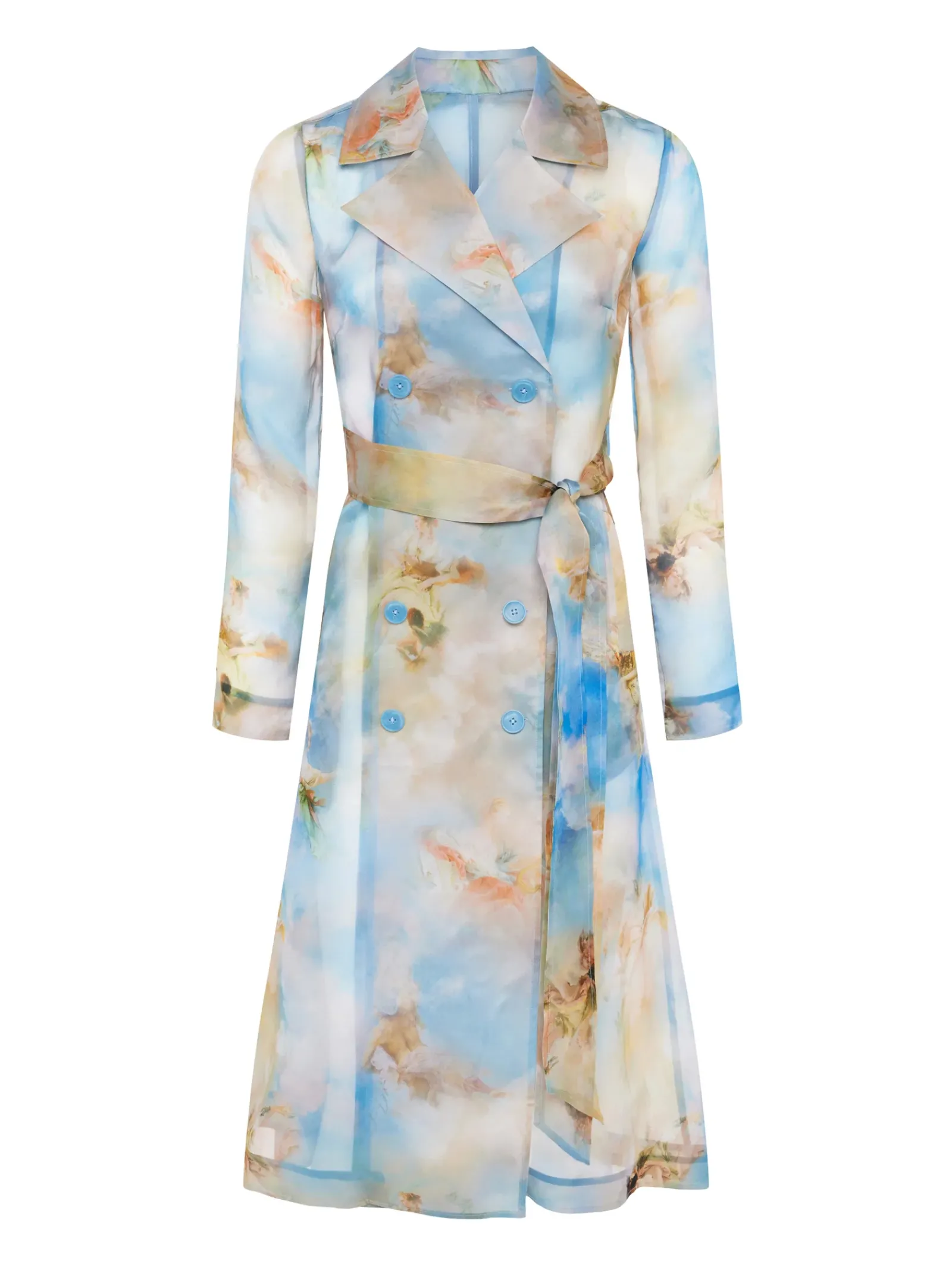 L'AGENCE Spring '24 Catalog|Spring Collection|Moda Silk Organza Trench Coat Light Blue Multi Renaissance