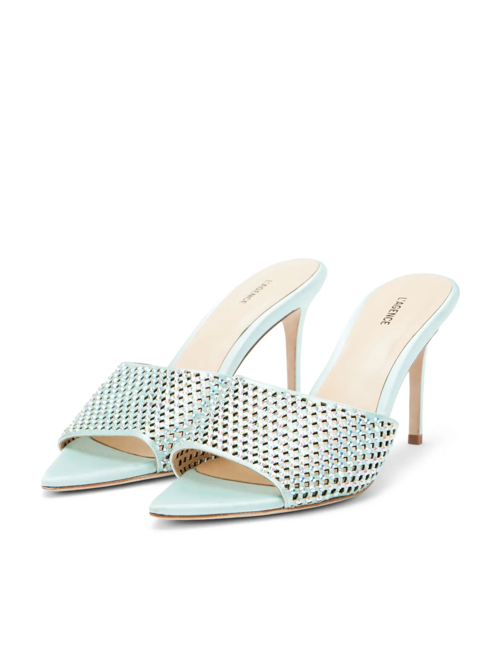 L'AGENCE Resort Collection|Mules|Narcise Open Toe Mule Mint Satin
