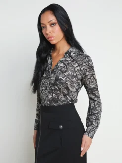L'AGENCE Spring Collection|Silks|Nina Silk Blouse Black/Ecru Map of Paris