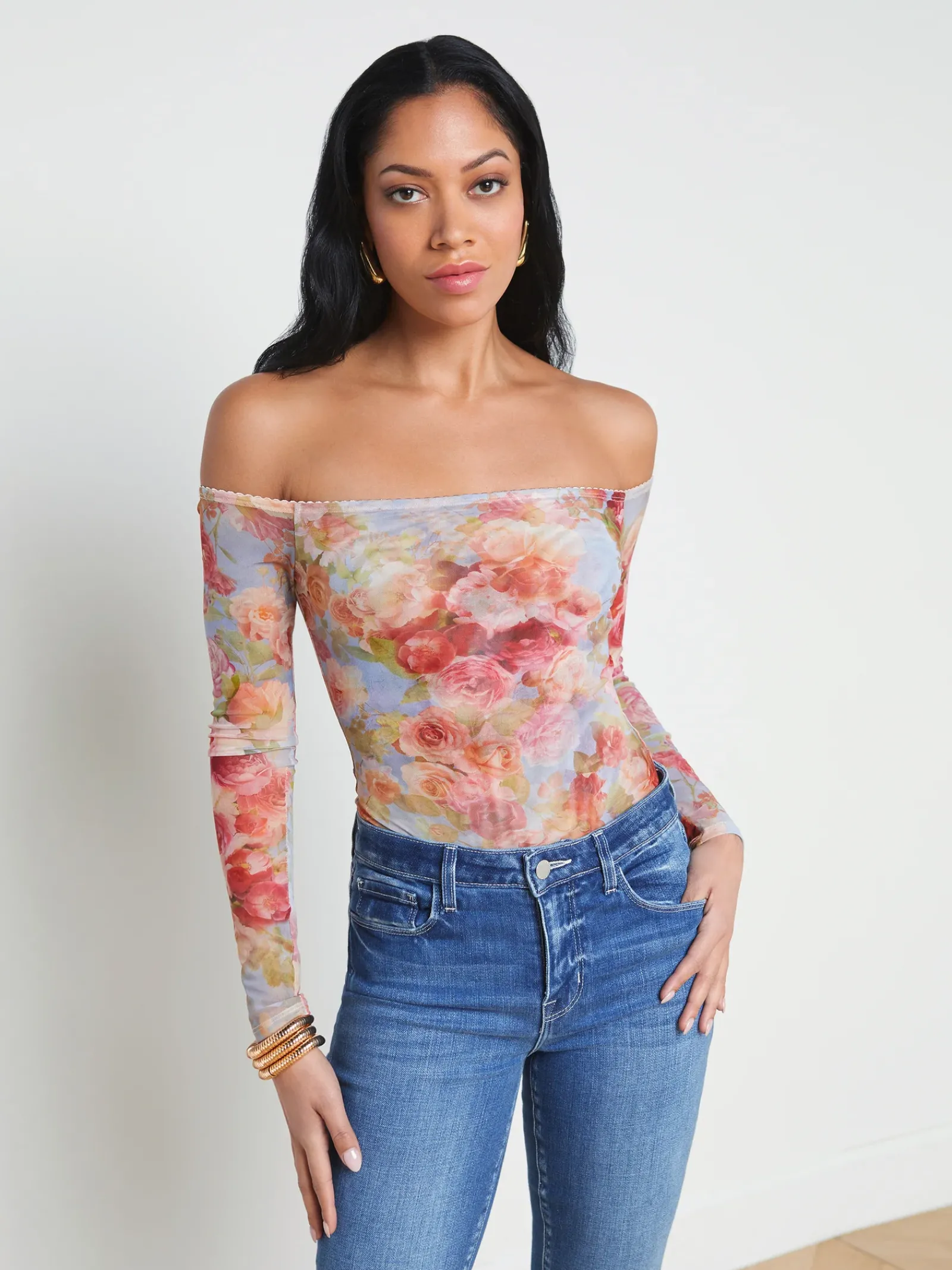 L'AGENCE Back in Stock|Print Edition|Peonie Off-the-Shoulder Bodysuit Multi Soft Cloud Floral