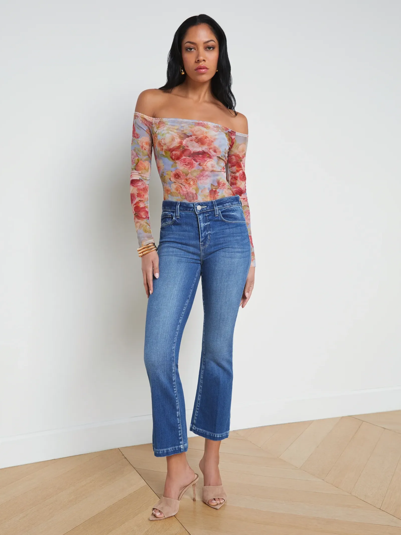 L'AGENCE Back in Stock|Print Edition|Peonie Off-the-Shoulder Bodysuit Multi Soft Cloud Floral