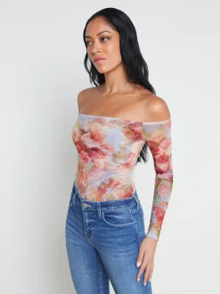 L'AGENCE Back in Stock|Print Edition|Peonie Off-the-Shoulder Bodysuit Multi Soft Cloud Floral