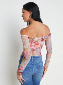 L'AGENCE Back in Stock|Print Edition|Peonie Off-the-Shoulder Bodysuit Multi Soft Cloud Floral