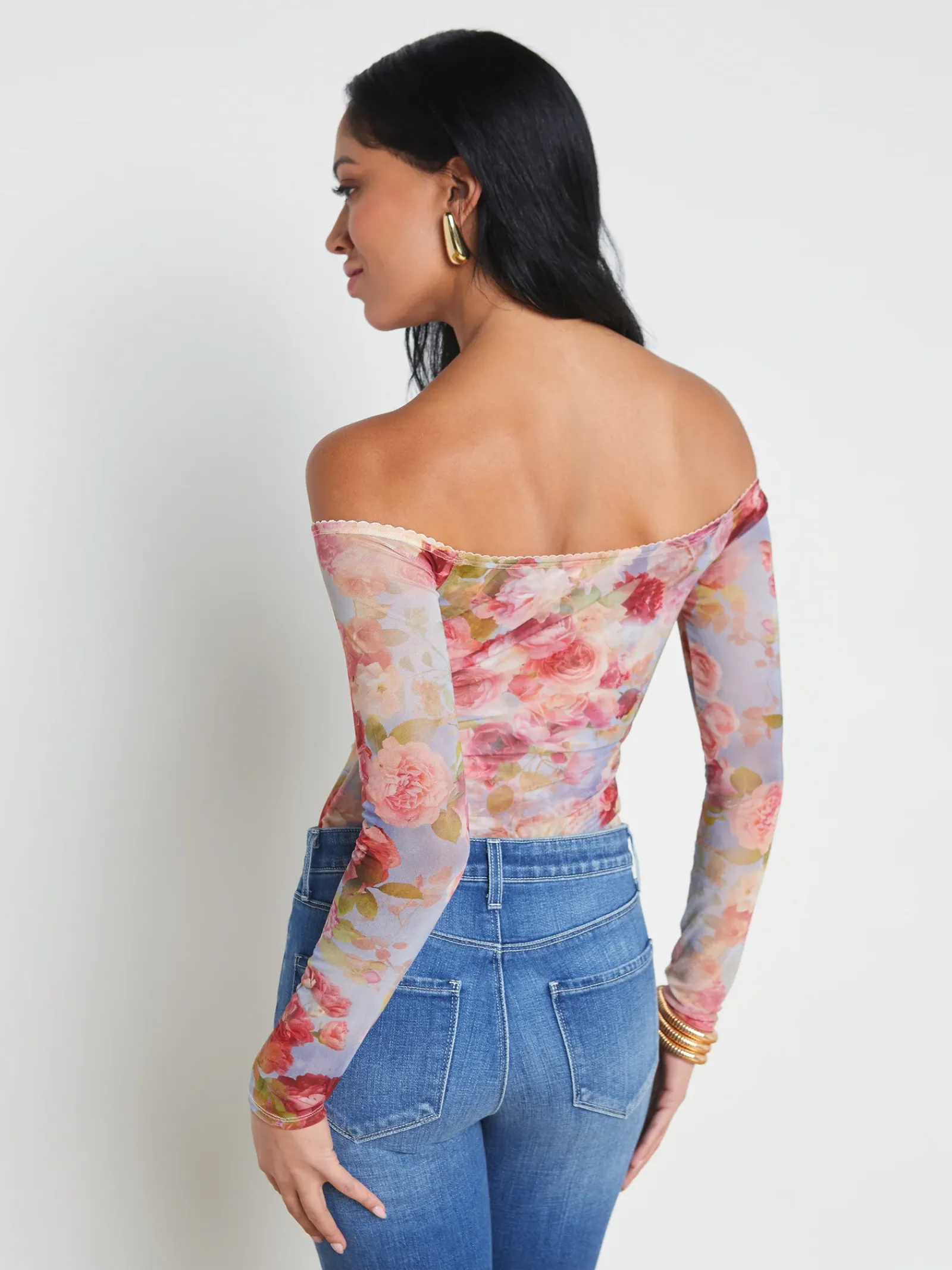 L'AGENCE Back in Stock|Print Edition|Peonie Off-the-Shoulder Bodysuit Multi Soft Cloud Floral