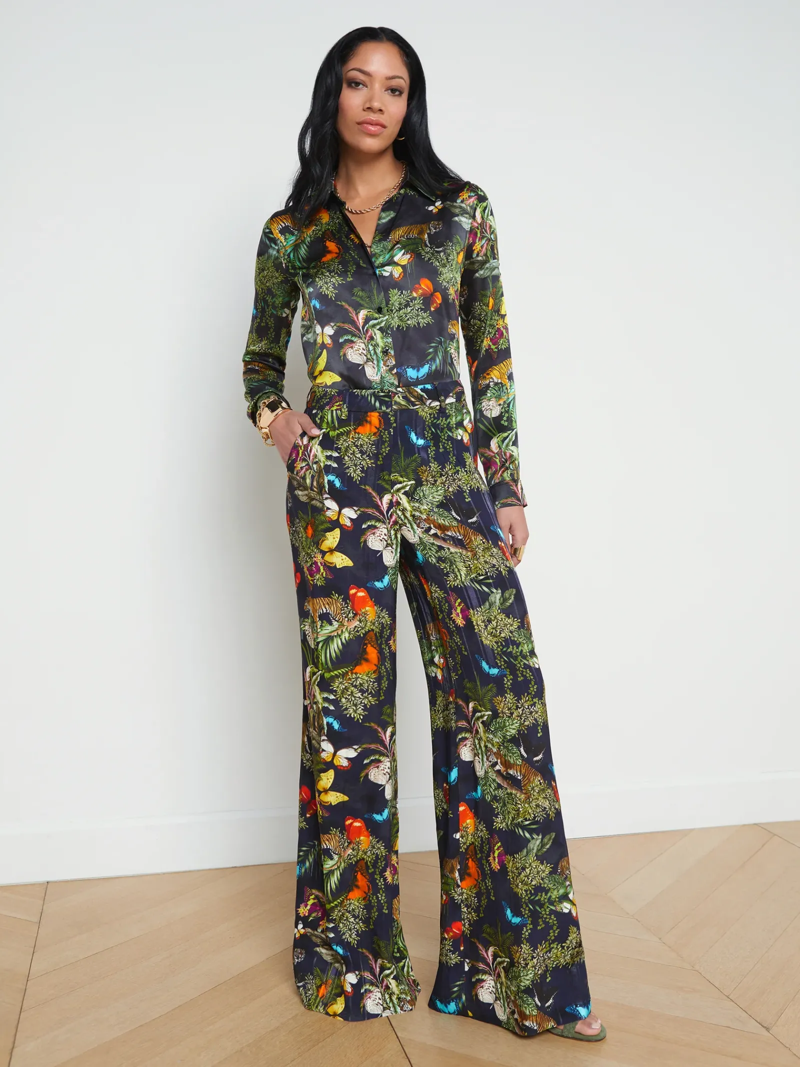 L'AGENCE Sets|Spring Collection|Pilar Wide-Leg Pant Black Multi Butterfly Tiger Jungle
