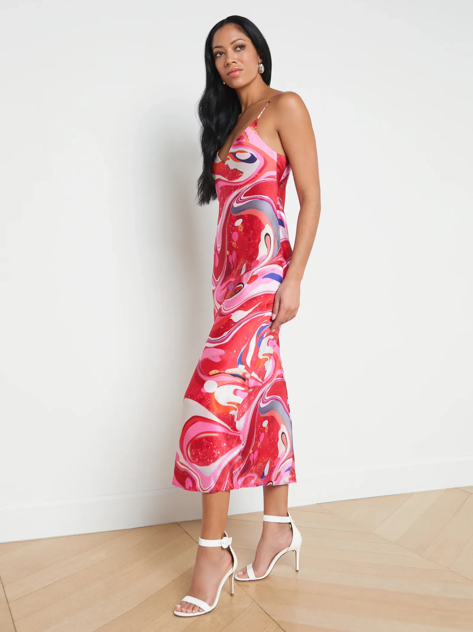 L'AGENCE Print Edition|Spring Collection|Seridie Silk Slip Dress Pink Multi Tie Dye Swirl
