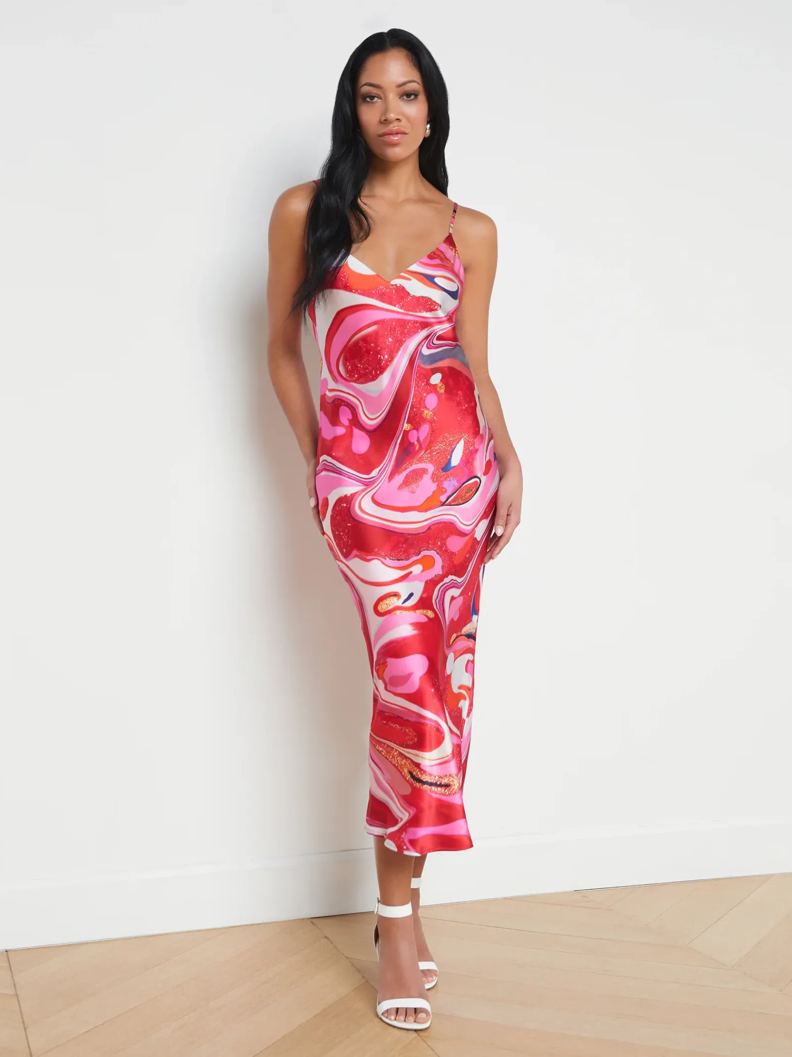 L'AGENCE Print Edition|Spring Collection|Seridie Silk Slip Dress Pink Multi Tie Dye Swirl