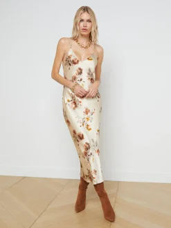 L'AGENCE Resort Collection|Print Edition|Seridie Silk Slip Dress Buff Multi Tonal Rose Floral