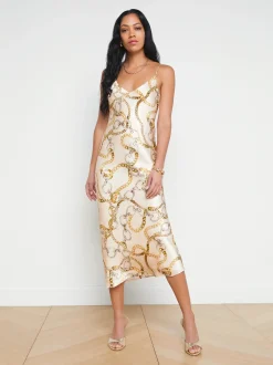 L'AGENCE Print Edition|Spring Collection|Seridie Silk Slip Dress Ecru Multi Oversized Chain