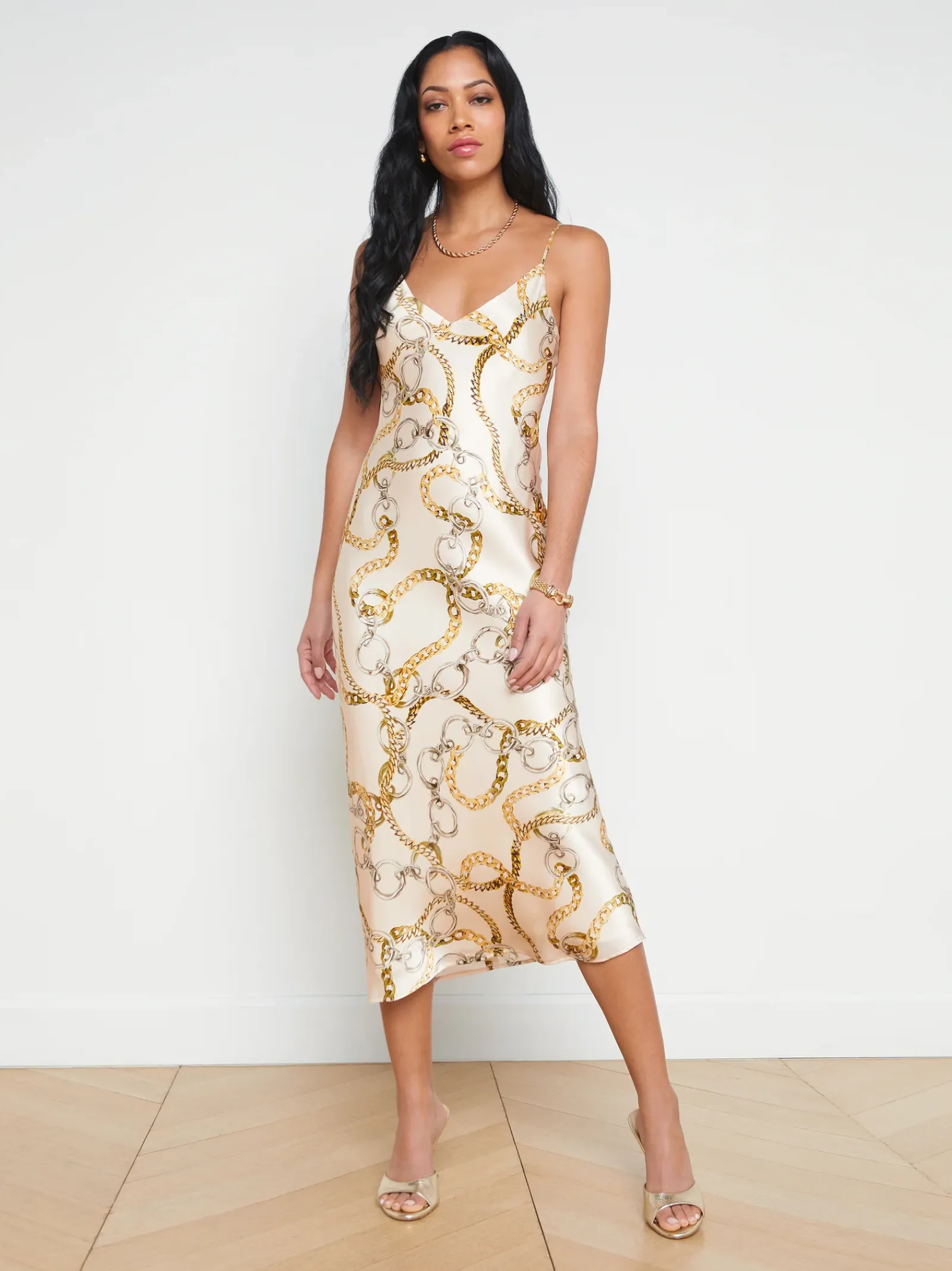 L'AGENCE Print Edition|Spring Collection|Seridie Silk Slip Dress Ecru Multi Oversized Chain