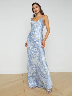 L'AGENCE Spring '24 Catalog|Spring Collection|Serita Silk Slip Dress Ivory/Blue Decorated Paisley