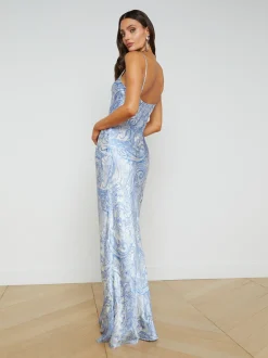 L'AGENCE Spring '24 Catalog|Spring Collection|Serita Silk Slip Dress Ivory/Blue Decorated Paisley