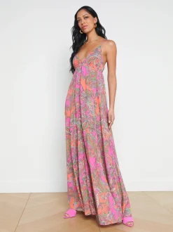 L'AGENCE Print Edition|Spring Collection|Stefani Maxi Dress Rhodamine Multi Bright Pop Paisley