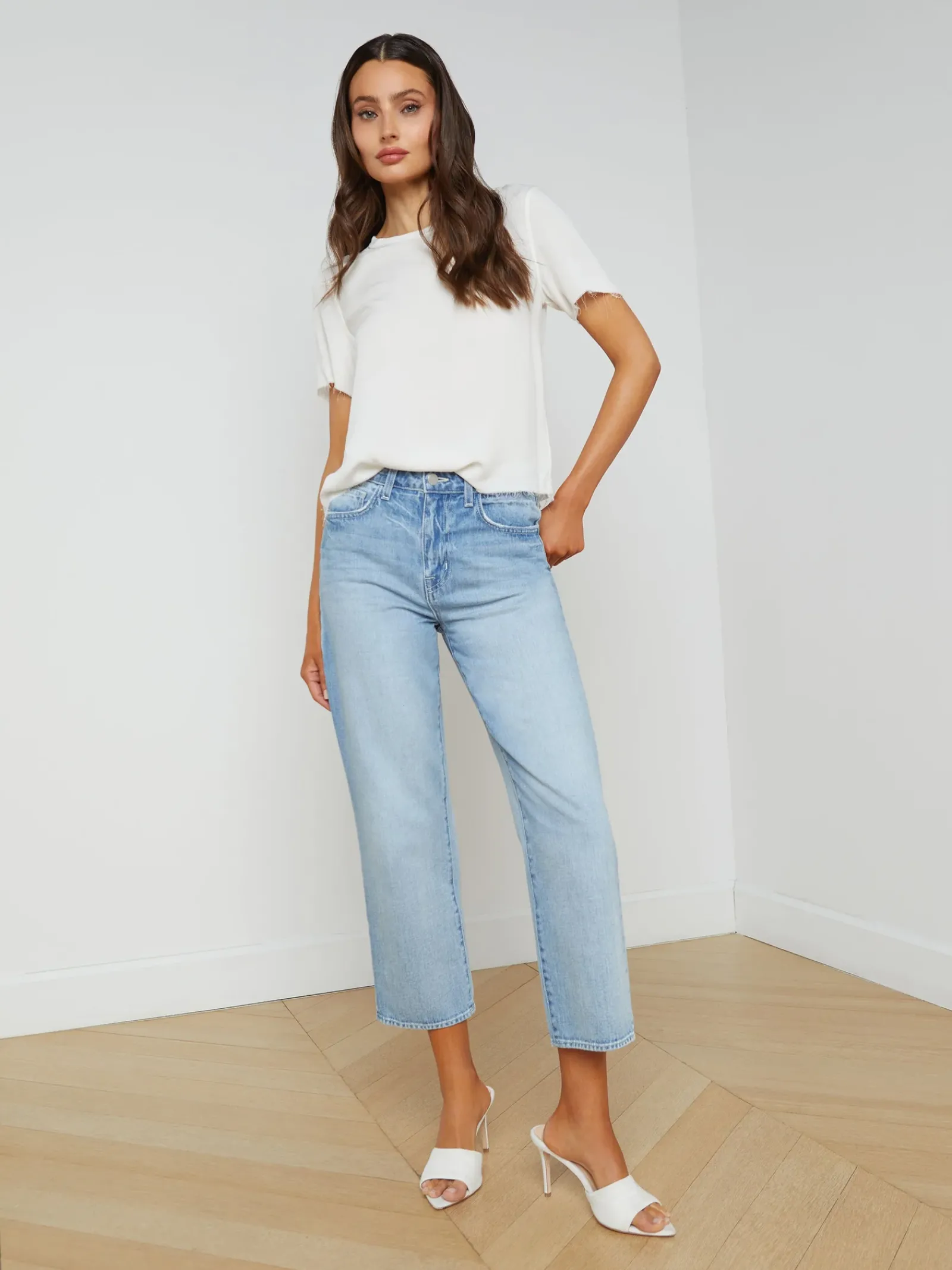 L'AGENCE Spring '24 Catalog|Spring Collection|Suzette Silk Raw-Hem Tee White