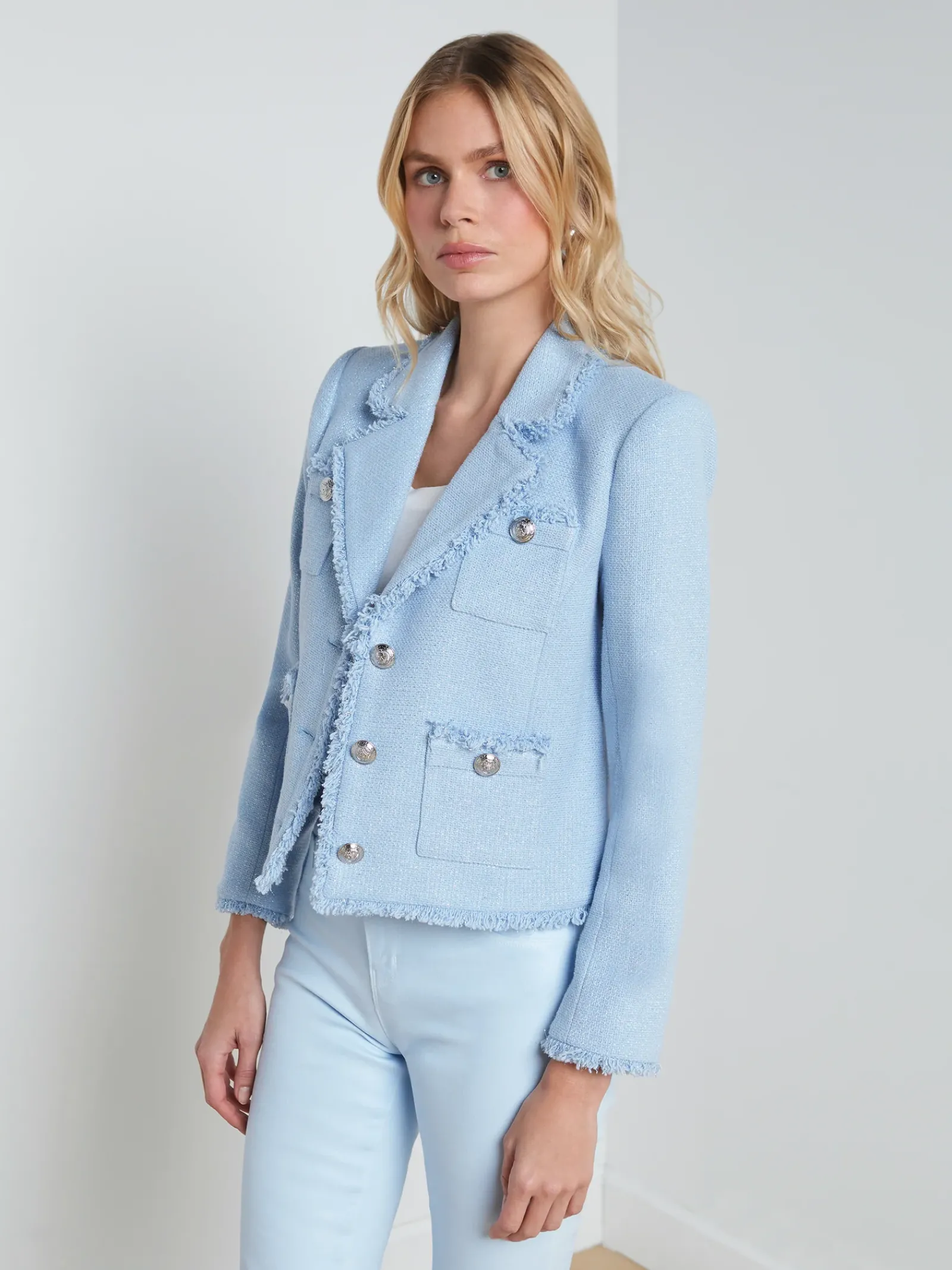 L'AGENCE Spring '24 Catalog|Spring Collection|Sylvia Collared Jacket Pale Blue Silver