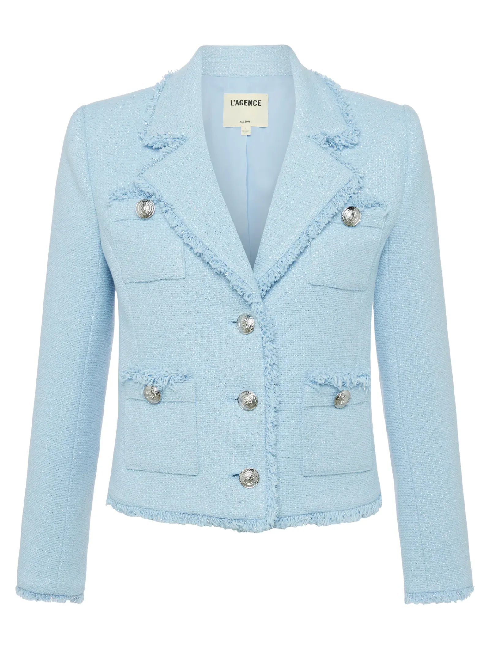 L'AGENCE Spring '24 Catalog|Spring Collection|Sylvia Collared Jacket Pale Blue Silver