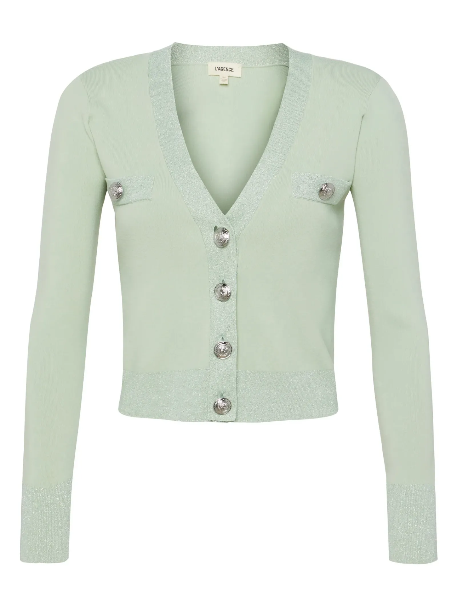 L'AGENCE Spring '24 Catalog|Spring Collection|Taya V-Neck Cardigan Laurel Green/Lurex