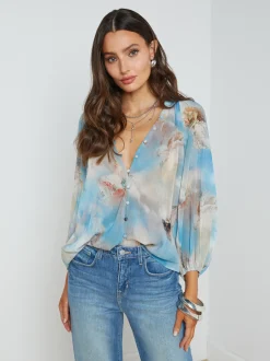 L'AGENCE Spring '24 Catalog|Print Edition|Teagan Puff-Sleeve Blouse Light Blue Multi Renaissance