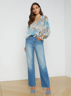 L'AGENCE Spring '24 Catalog|Print Edition|Teagan Puff-Sleeve Blouse Light Blue Multi Renaissance