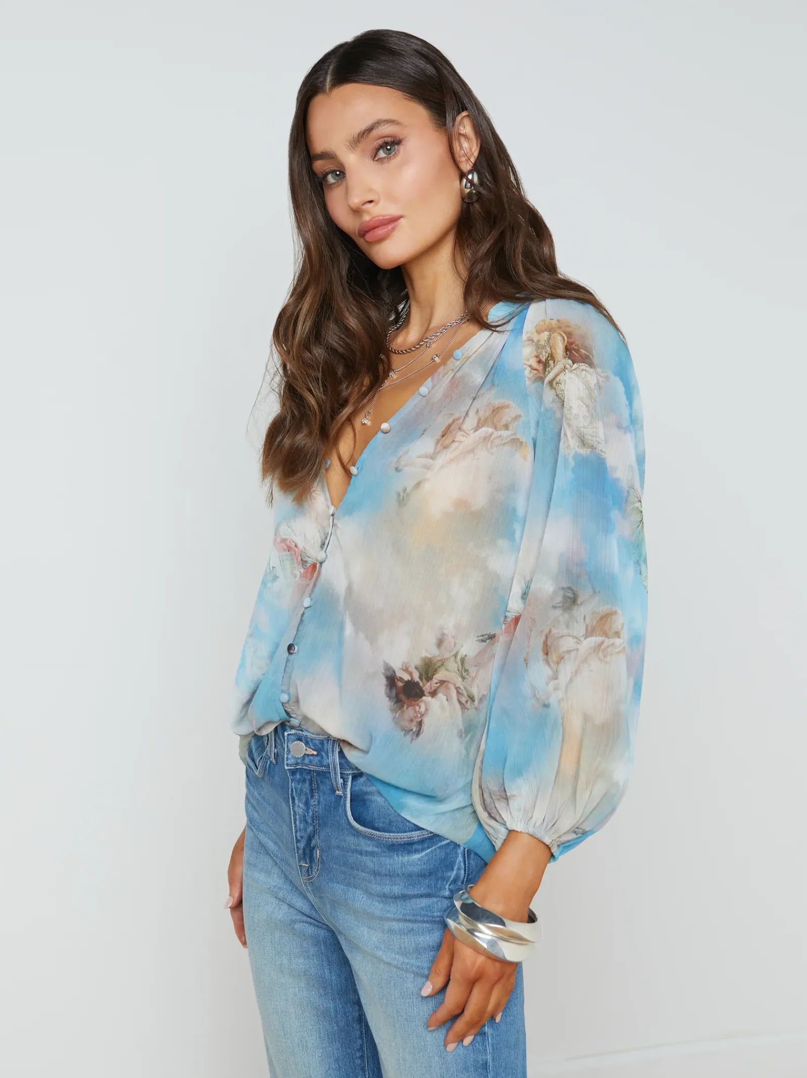 L'AGENCE Spring '24 Catalog|Print Edition|Teagan Puff-Sleeve Blouse Light Blue Multi Renaissance