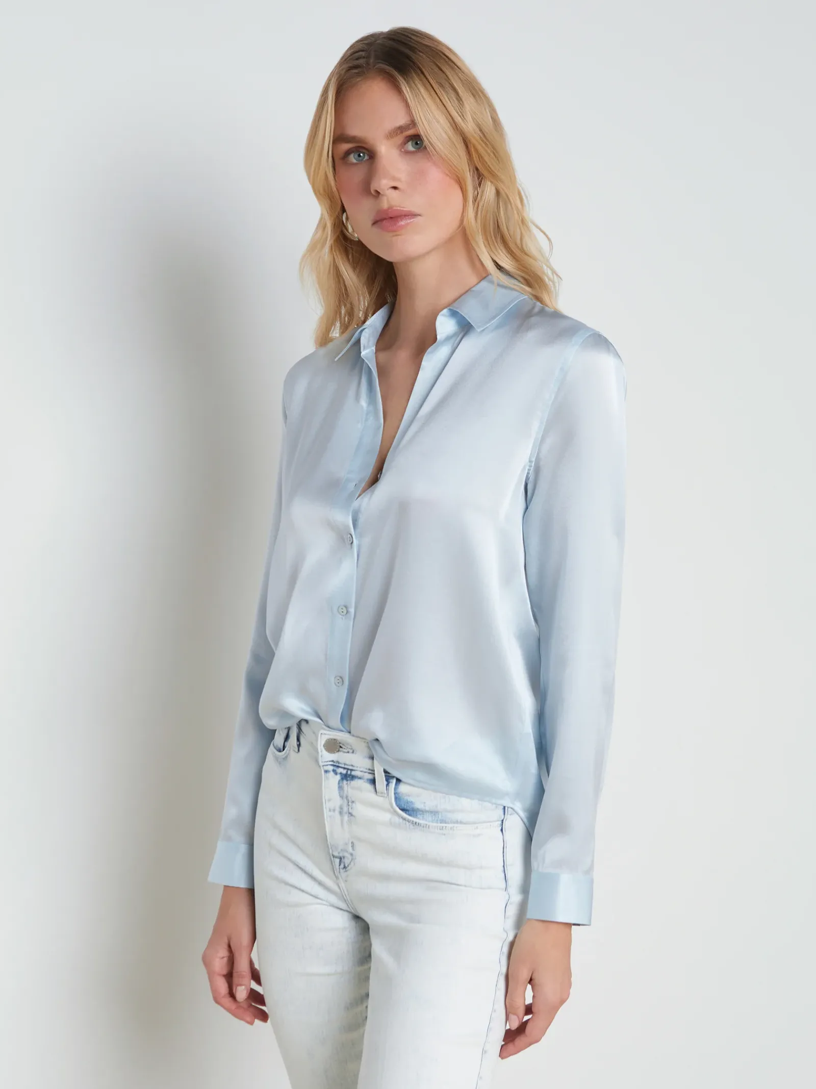 L'AGENCE Spring '24 Catalog|Spring Collection|Tyler Silk Blouse Ice Water