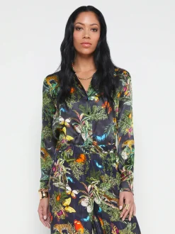 L'AGENCE Back in Stock|Spring Collection|Tyler Silk Blouse Black Multi Butterfly Tiger Jungle