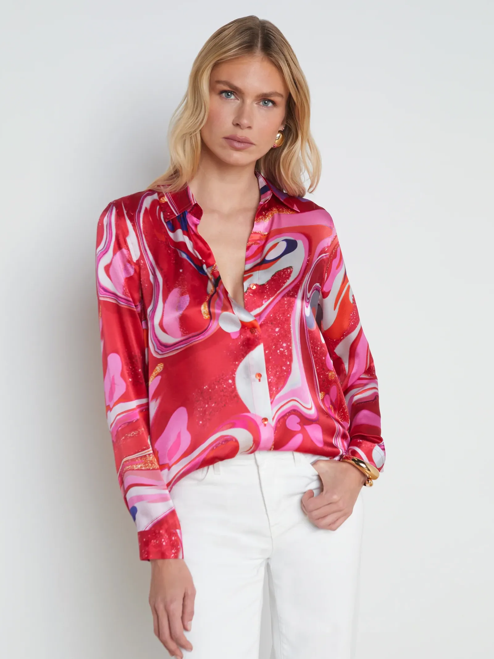 L'AGENCE Print Edition|Spring Collection|Tyler Silk Blouse Pink Multi Tie Dye Swirl