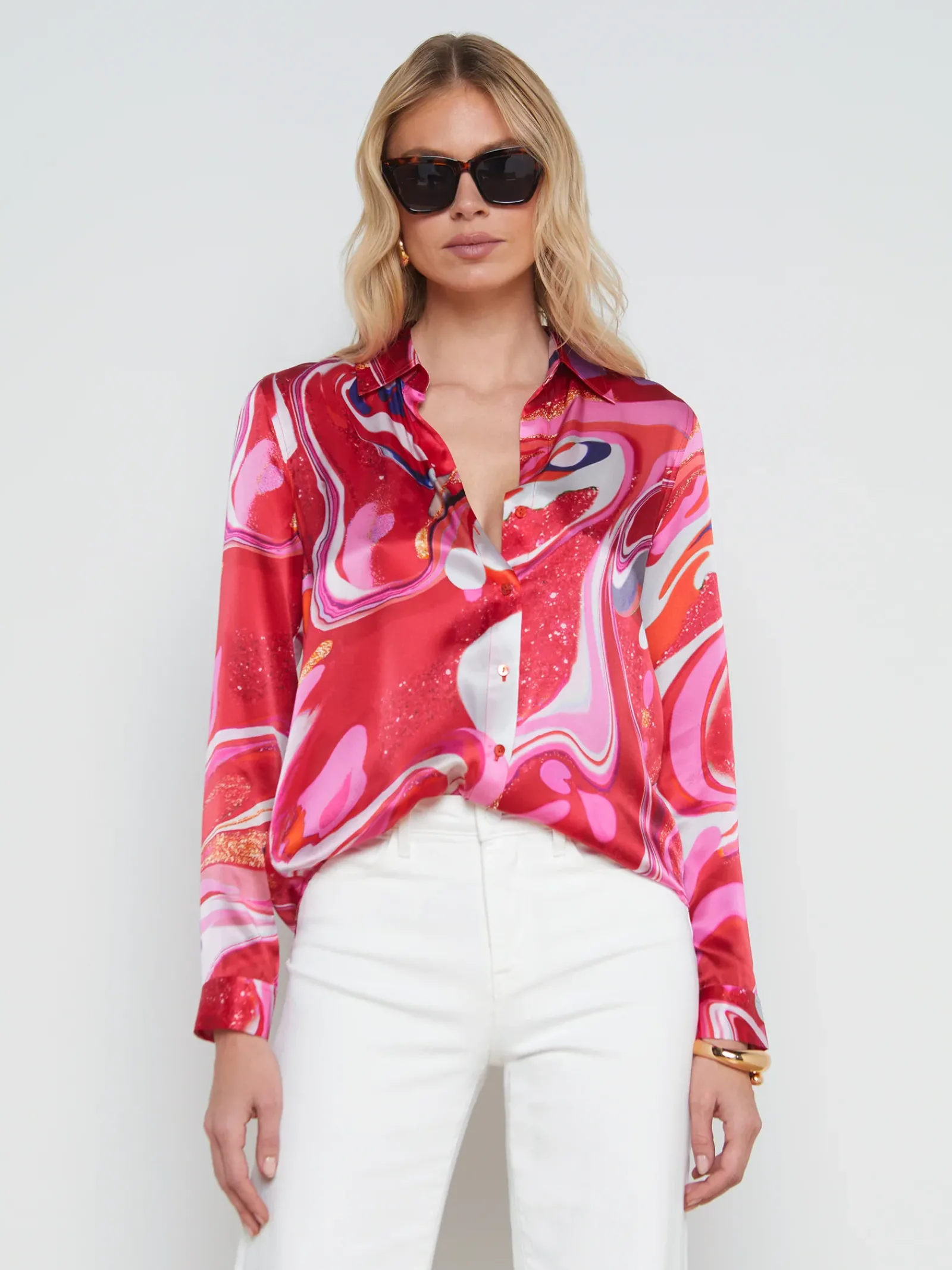L'AGENCE Print Edition|Spring Collection|Tyler Silk Blouse Pink Multi Tie Dye Swirl