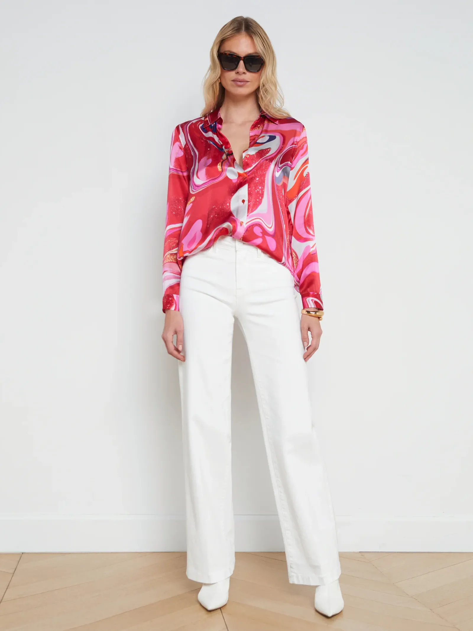 L'AGENCE Print Edition|Spring Collection|Tyler Silk Blouse Pink Multi Tie Dye Swirl