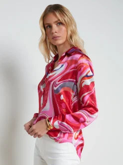 L'AGENCE Print Edition|Spring Collection|Tyler Silk Blouse Pink Multi Tie Dye Swirl