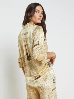 L'AGENCE Print Edition|Silks|Tyler Silk Blouse Vintage Tan Newspaper