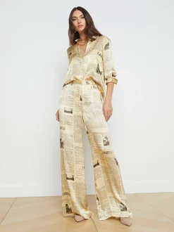 L'AGENCE Print Edition|Silks|Tyler Silk Blouse Vintage Tan Newspaper