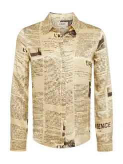 L'AGENCE Print Edition|Silks|Tyler Silk Blouse Vintage Tan Newspaper