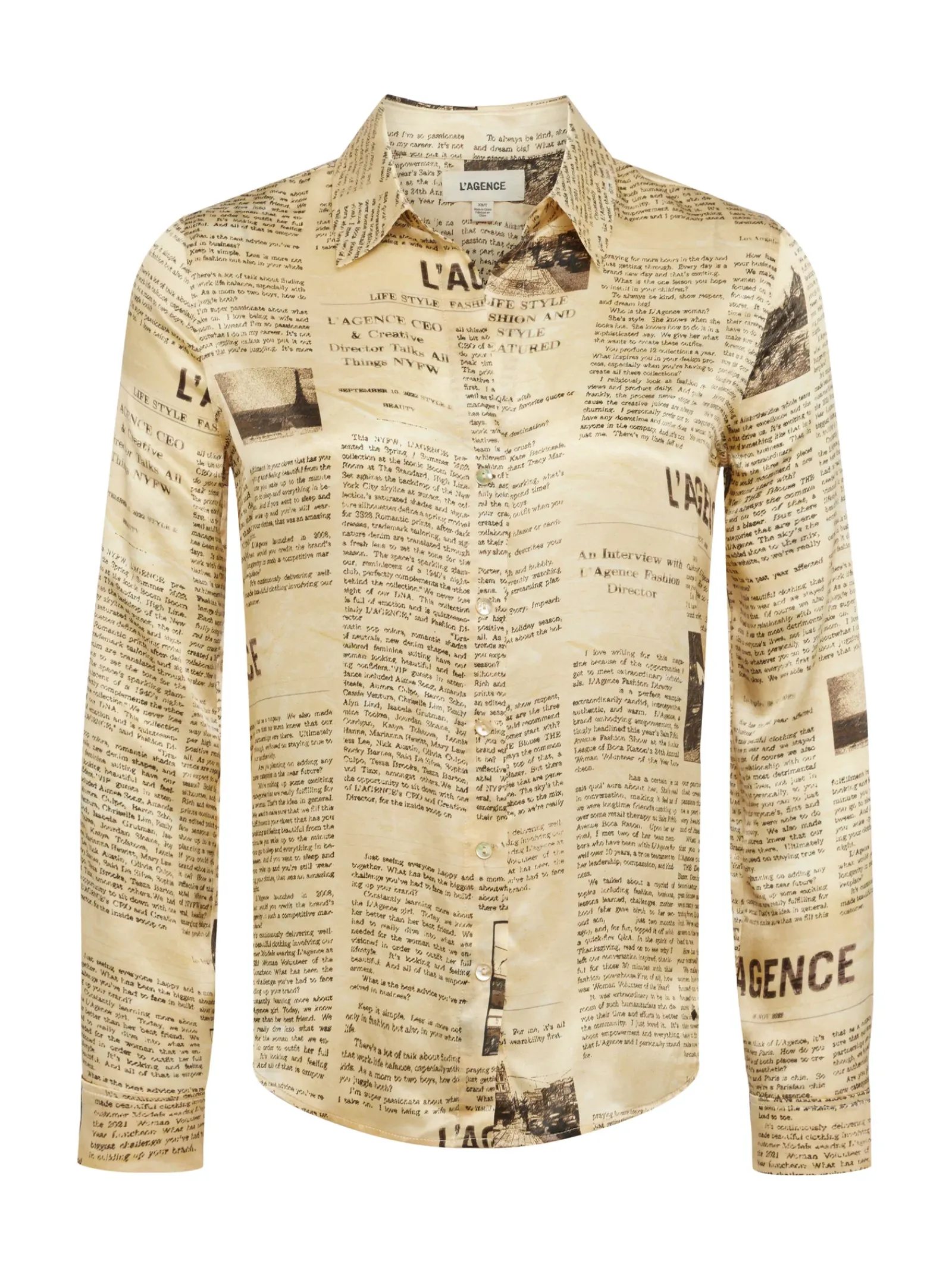 L'AGENCE Print Edition|Silks|Tyler Silk Blouse Vintage Tan Newspaper