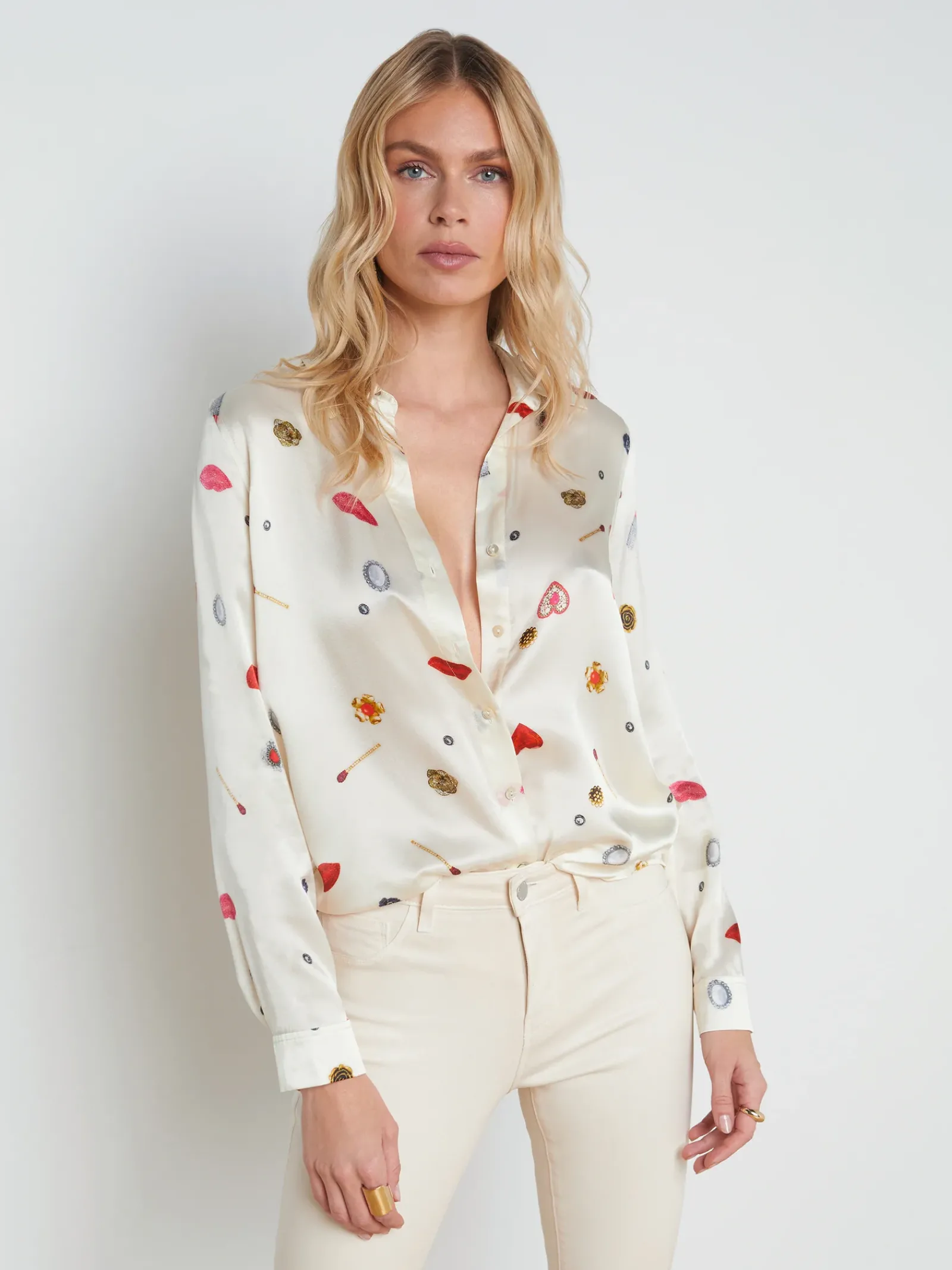 L'AGENCE Print Edition|Spring Collection|Tyler Silk Blouse Champagne Multi Heart Jewel