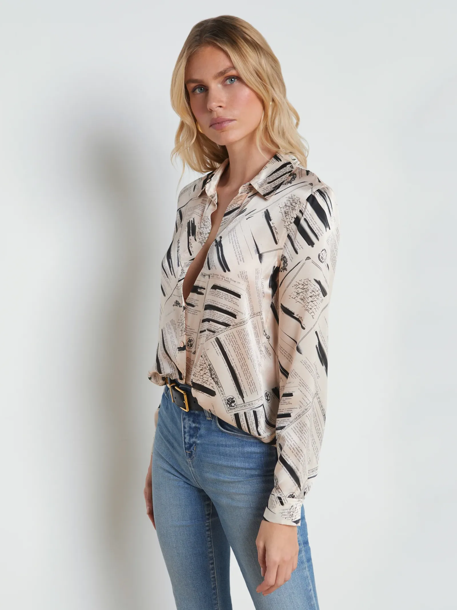 L'AGENCE Print Edition|Spring Collection|Tyler Silk Blouse Ecru/Black Typewriter