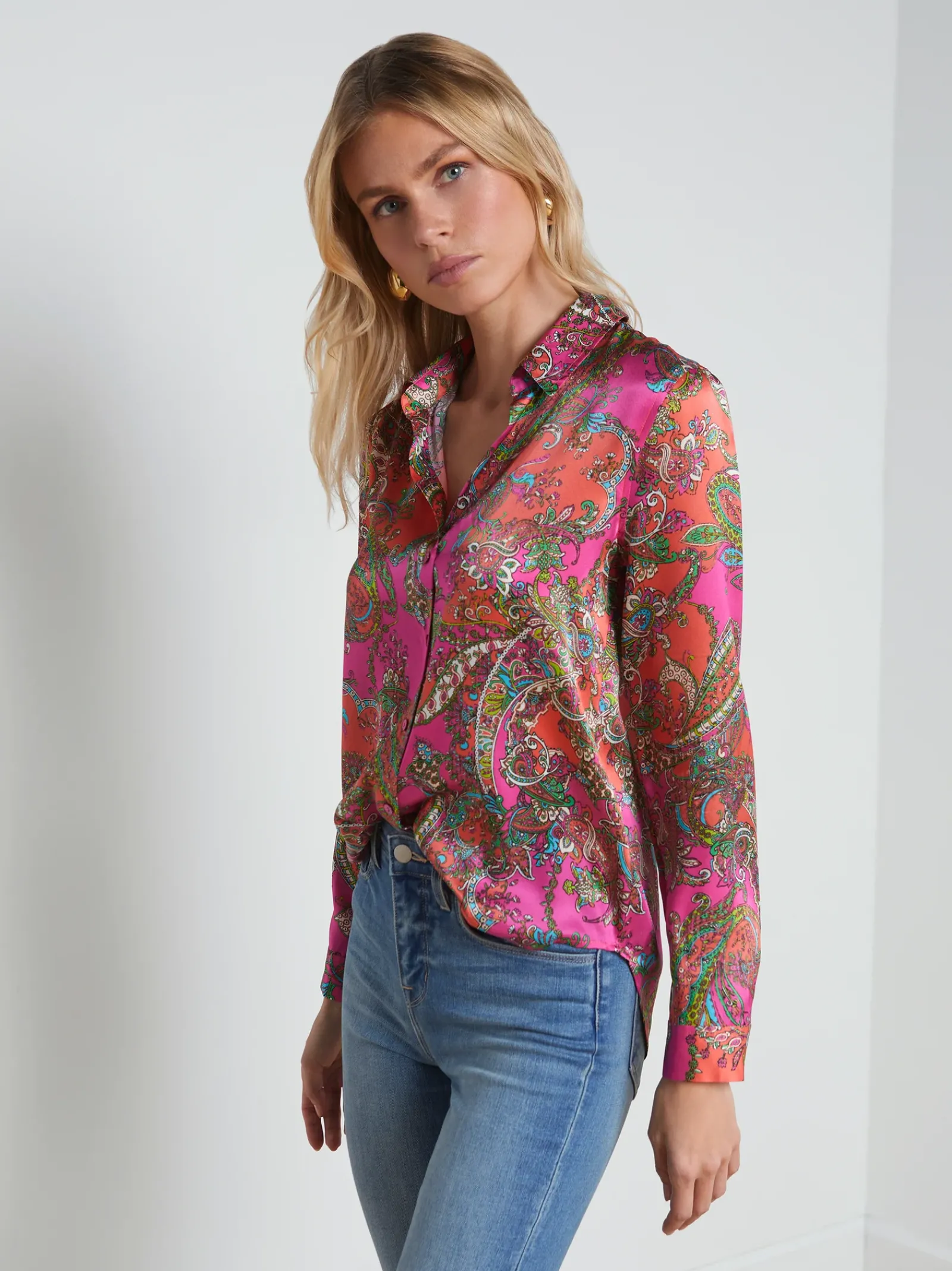 L'AGENCE Print Edition|Spring Collection|Tyler Silk Blouse Rhodamine Multi Bright Pop Paisley