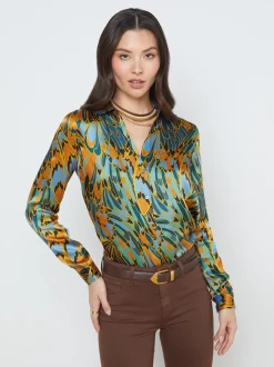 L'AGENCE Resort Collection|Print Edition|Tyler Silk Blouse Blue Multi Parrot Feather