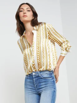 L'AGENCE Resort Collection|Print Edition|Tyler Silk Blouse White Multi Stripe Chain