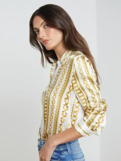 L'AGENCE Resort Collection|Print Edition|Tyler Silk Blouse White Multi Stripe Chain