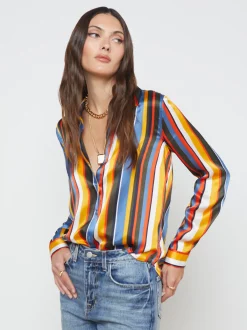 L'AGENCE Resort Collection|Silks|Tyler Silk Blouse Blue Horizon Multi Mixed Stripe