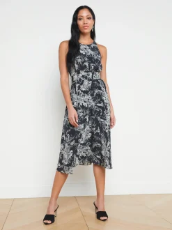 L'AGENCE Print Edition|Spring Collection|Vivian Belted Silk Dress Black/Ecru Sketch Paisley