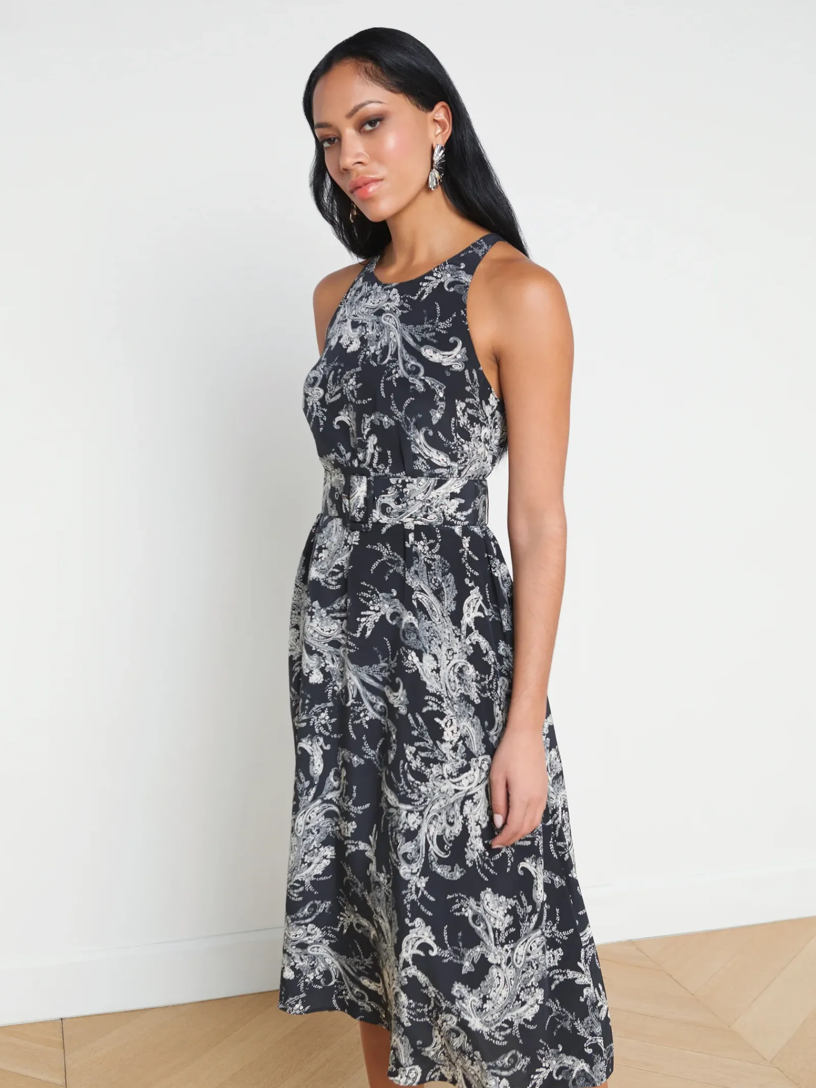 L'AGENCE Print Edition|Spring Collection|Vivian Belted Silk Dress Black/Ecru Sketch Paisley