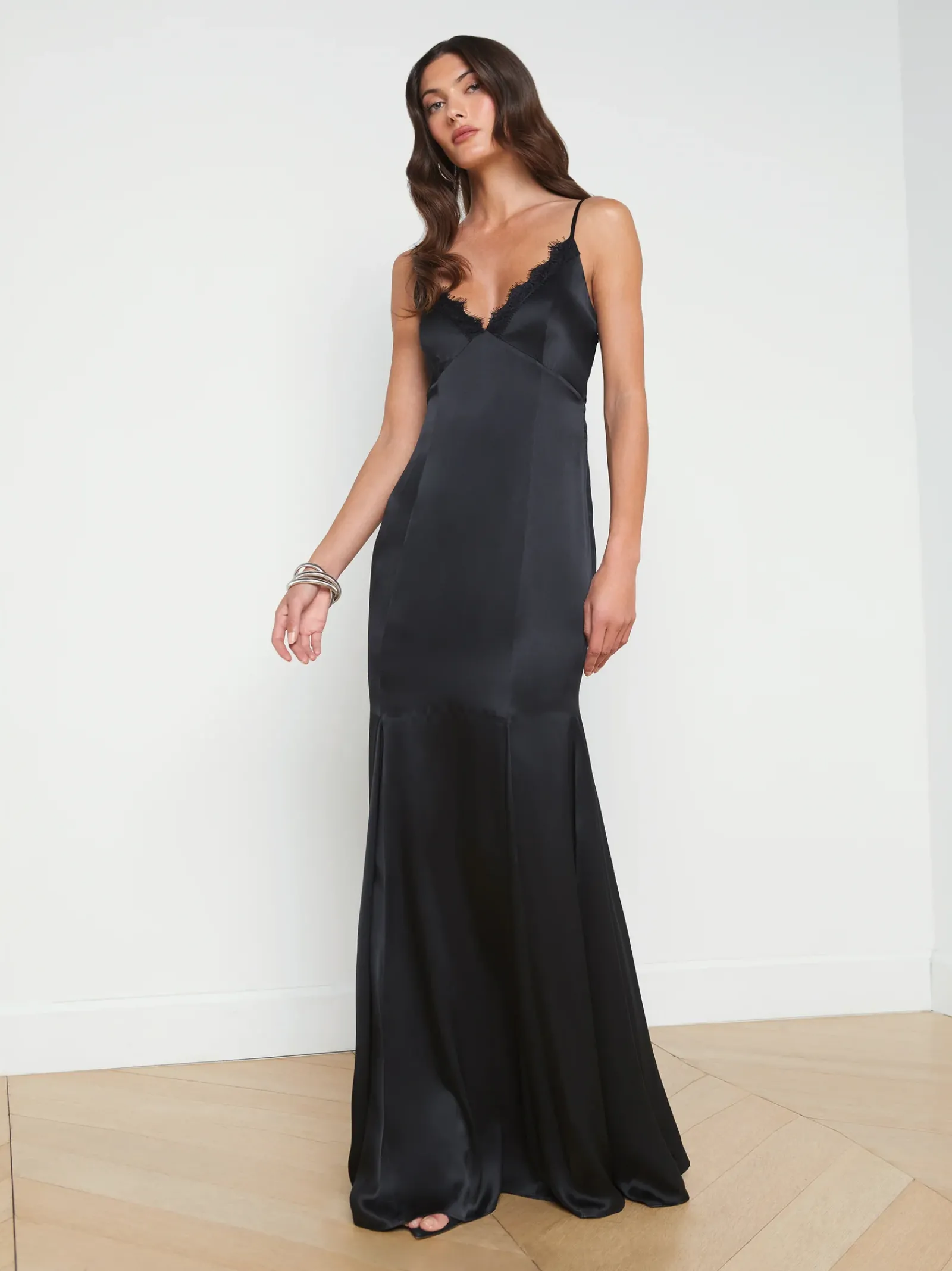 L'AGENCE All Things Black|Spring Collection|Zanna Silk Lace-Trim Gown Black
